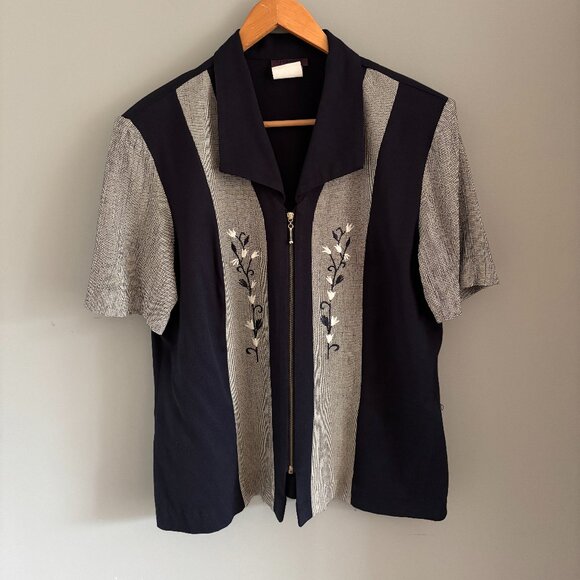 Vtg Navy + Houndstooth Zip-Up Blouse - Picture 1 of 7